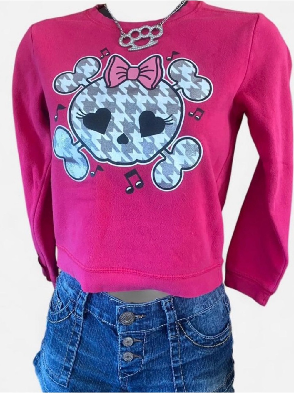 Y2k Joe Boxer Hot Pink Cropped Sweater with Skull & Bow Graphic Scene Core